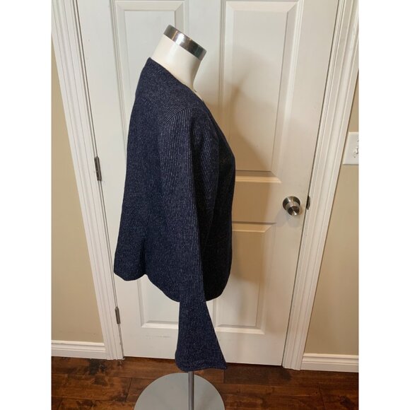 Cartonnier Navy Blue White Pinstripe Wool Blend Jacket W/Trumpet Sleeves Size 14 - Picture 2 of 5